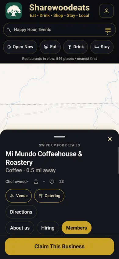 Restaurant detail page in the Sharewoodeats app