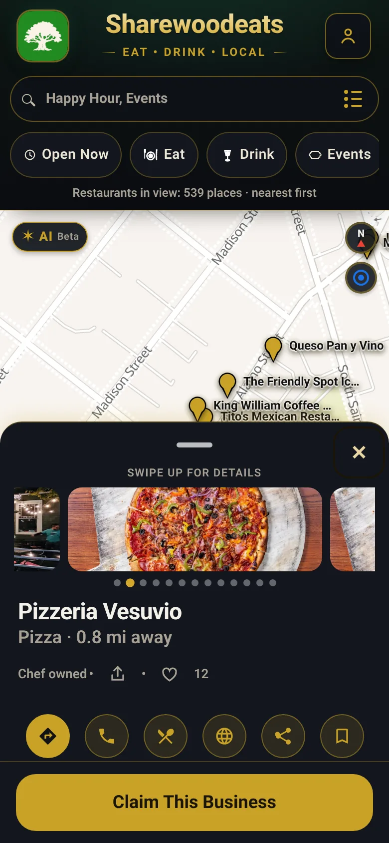 Restaurant detail page in the Sharewoodeats app