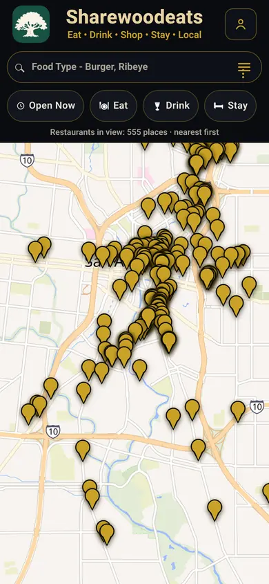 Sharewoodeats map with restaurant pins