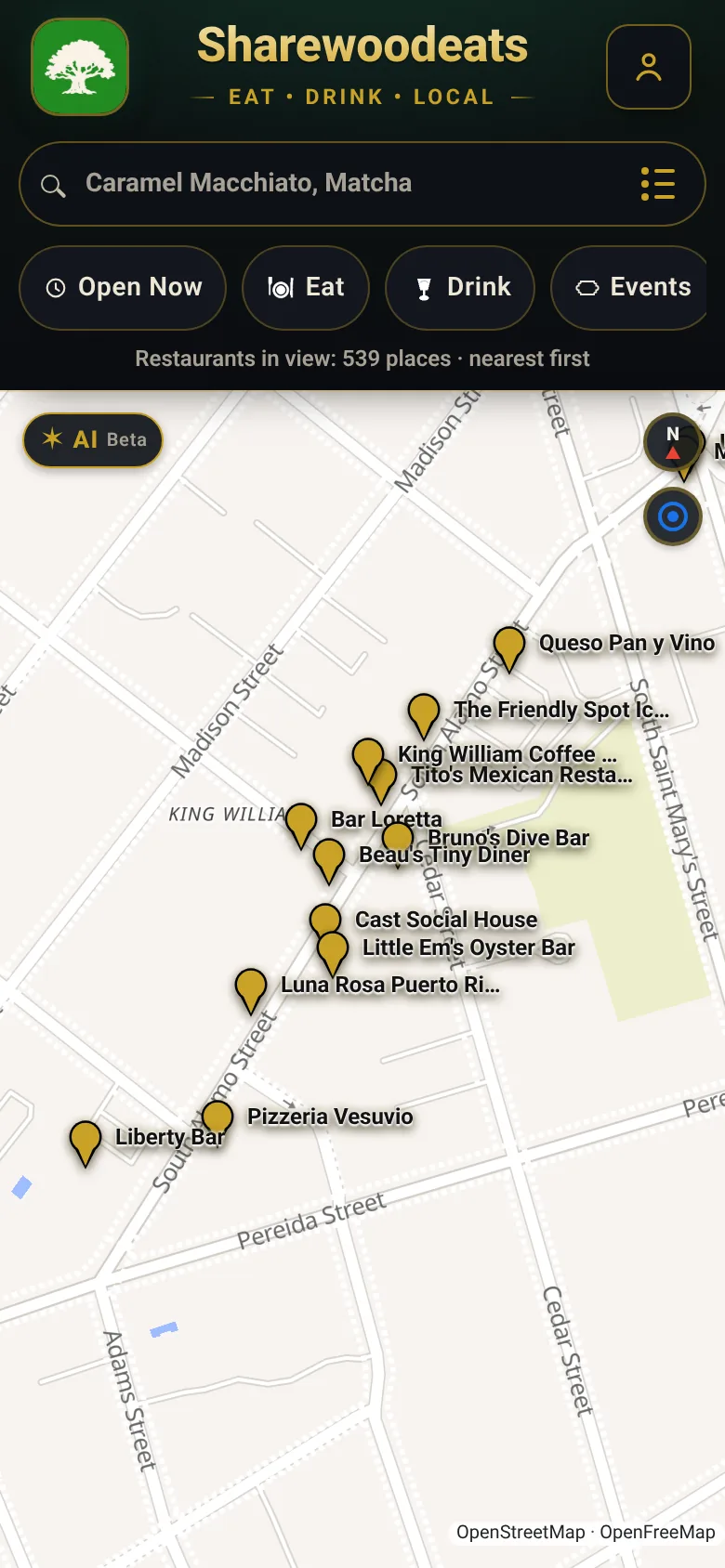 Sharewoodeats map with restaurant pins